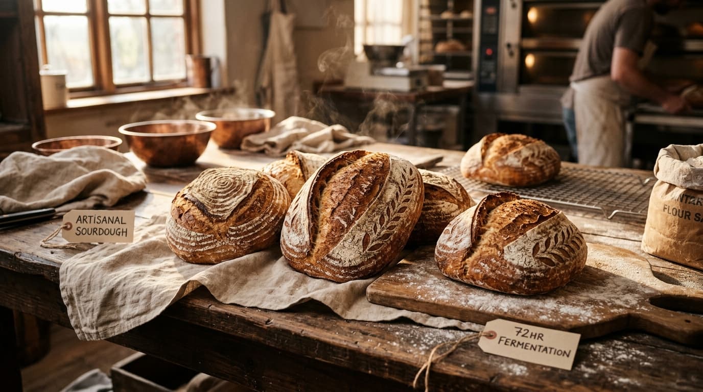 Bancada de panificação artesanal com pães e farinhas da forneiradaGi